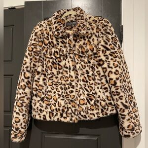 Blank NYC Faux Fur Leopard Teddy Trucker Jacket Size Medium Gently Worn